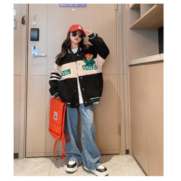 Thickened Bear Embroidered Baseball Lambswool Jacket