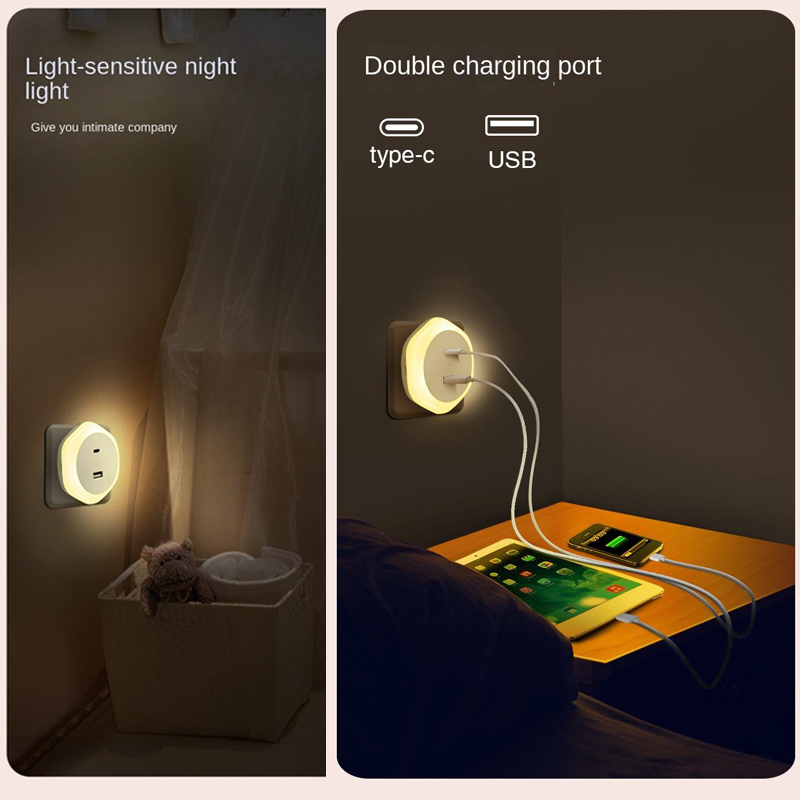 Support Dimming Mini Plug-in LED Night Light Lamp with USB and Type-C Charging Socket
