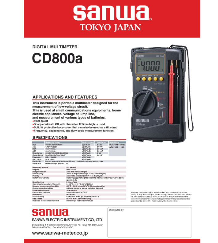 SANWA CD800a CD800a3 High-Precision Multi-Parameter Voltage Current Analyzer True RMS Auto Range CAT IV 600V CE Certified
