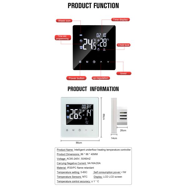 Smart WiFi Underfloor Heating Thermostat Controller with Voice Control, APP, LED Display for Home and Commercial Use