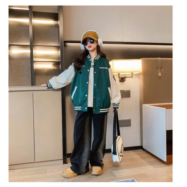 Spring Autumn Girls Printed Patchwork Baseball Jacket Windproof