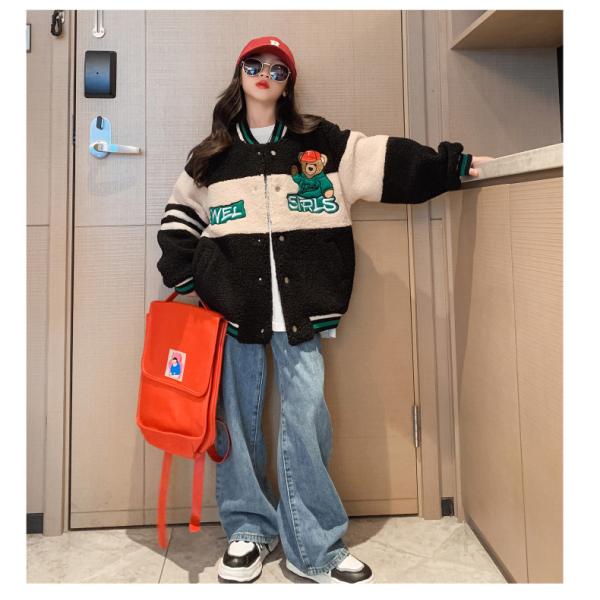 Thickened Bear Embroidered Baseball Lambswool Jacket