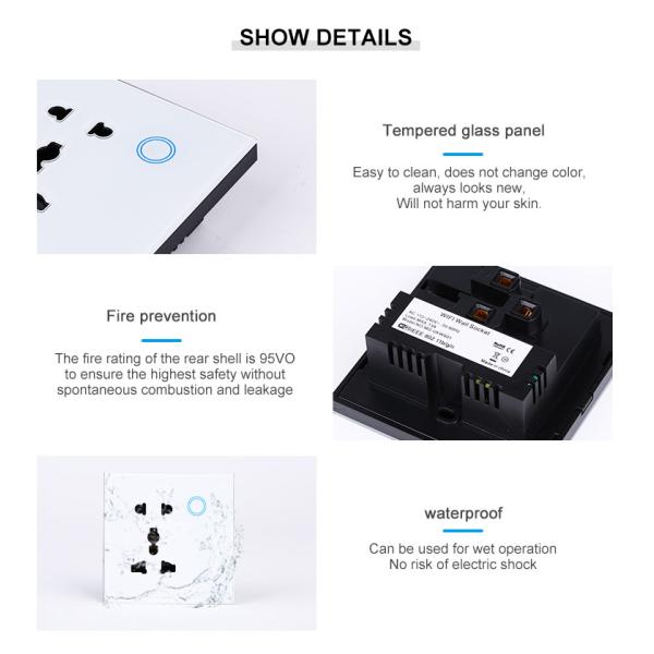 Ce Certificate Wifi Universal Wall Socket Uk Standard Wireless Outlet Double Plug With Touch Glass Panel