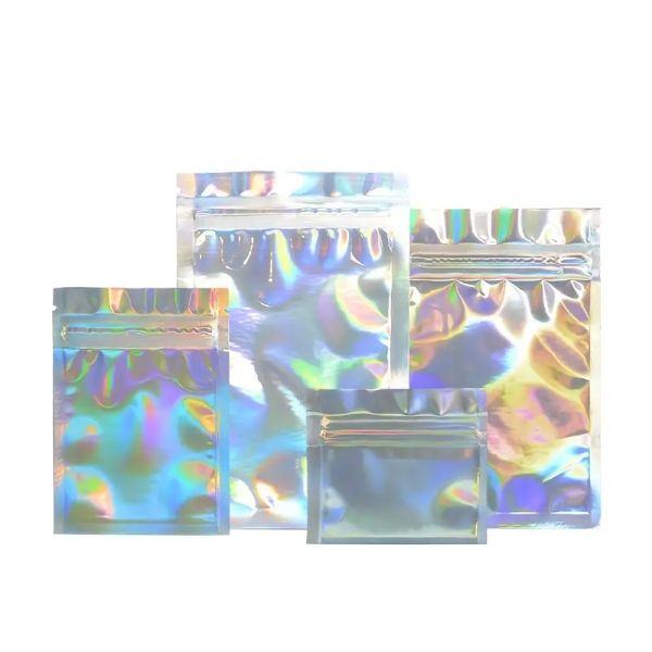 Factory Customized Rainbow Color Flat Dust Resistant Plastic Clear Laser Holographic Zipper Bag Mylar Bag