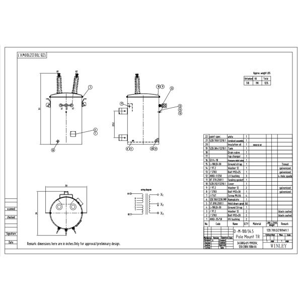 100Kva Overhead Distribution Single Phase Pole Mounted Oil Type Distribution Transformer 34.5Kv
