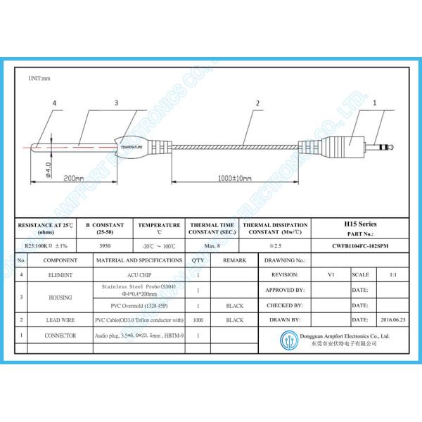 98.63K 1% 100K Ohm BBQ Temperature Sensor Grill Ambient Temperature Probe 350C