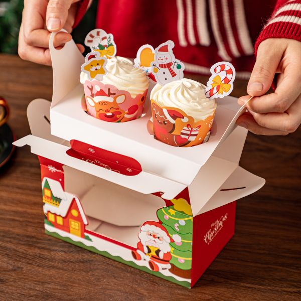 Christmas Cupcake Box Set Transparent Window Bakery Packaging Handle Carry Boxes Festive Santa Tree Pattern