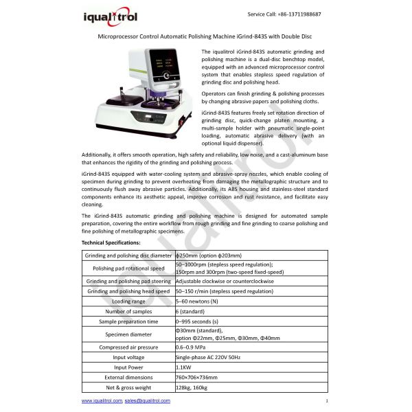 Microprocessor Control Automatic Polishing Machine iGrind-843S with Double Disc