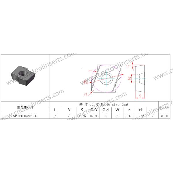 CNC Milling Insert with PVD Coating SPCW1504NR8.6 HYB208, Suitable For Difficult-to-machine Materials Except High-temperature Alloys.