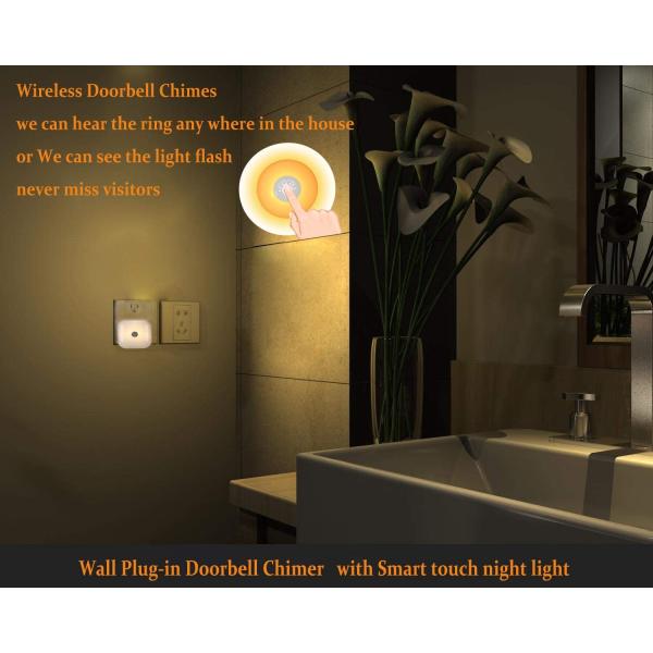 Plug-in Receiver Chimer Waterproof Self-power Transmitter 4 Volume Adjustment Wireless Door Bell Smart Touch LED Night Ligh