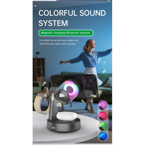 Stylish Qi 2.2 Wireless Charger and Bluetooth 5.2 Speaker Combo Support both Samsung & Apple Devices