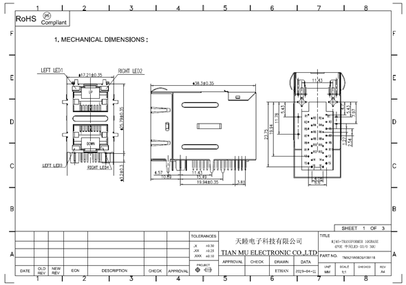 Side Enter Stacked Rj45 Ethernet Jack 10G Base T Transformer Panel Ground