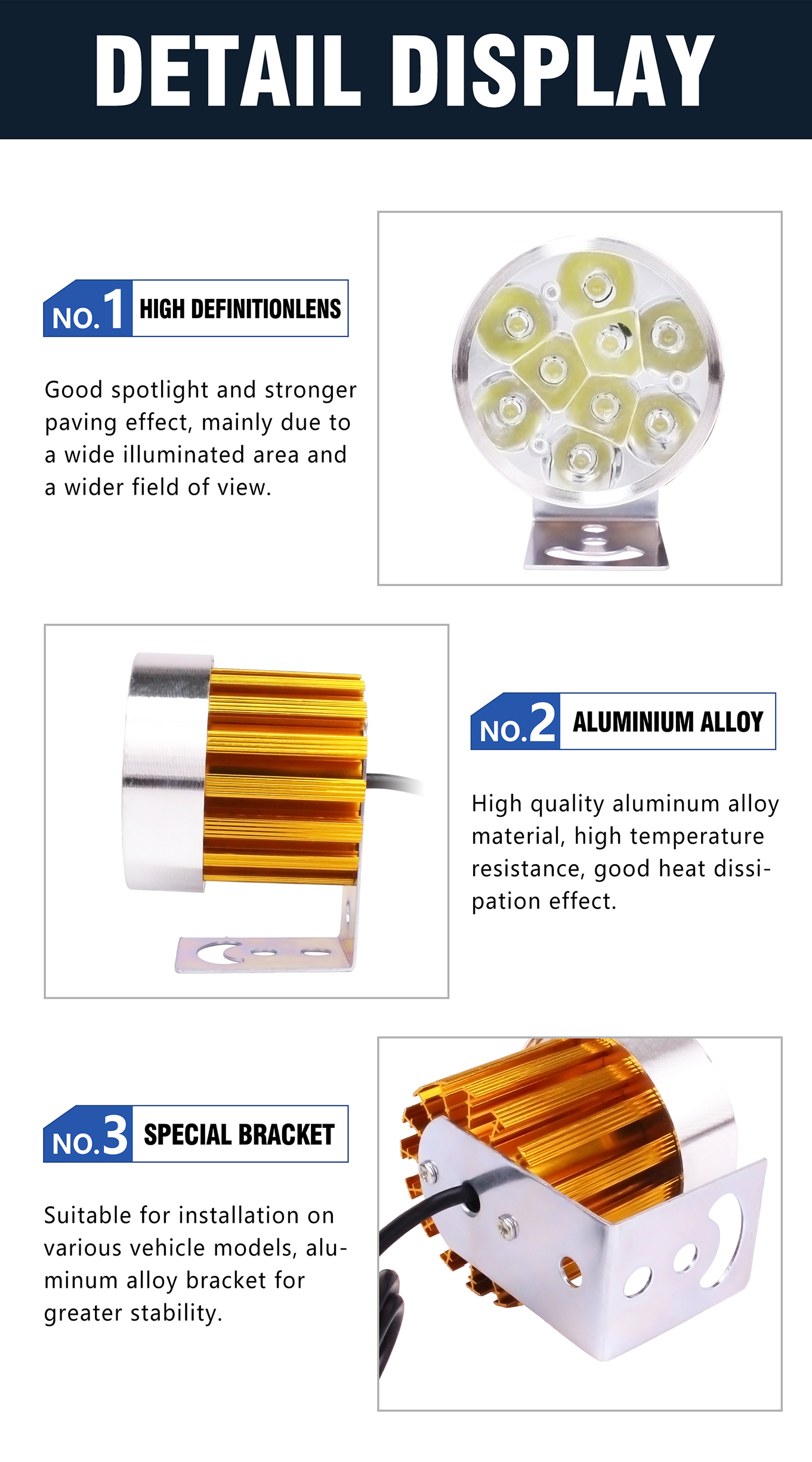 9~80V Motorcycle External Spotlight Single White Light Smart Temperature Control