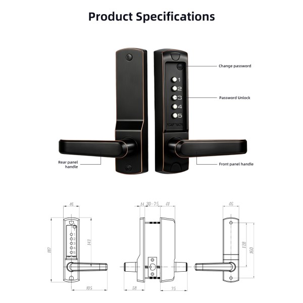 YAGU Code Upgrade 5-digit Single-sided Key Combination Keyboard Smart Keyless Entry Door Lock Mechanical Key Single Door