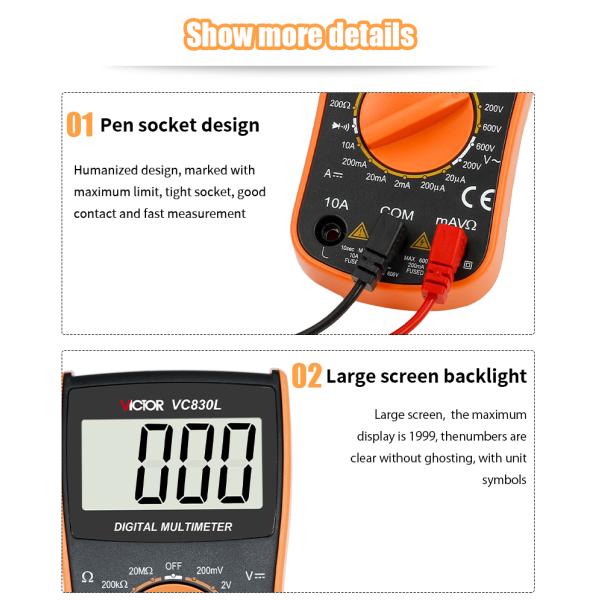 VC830L Manual Range VICTOR Digital Multimeter 1999 Counts Large Lcd Display small size pocket multimeter