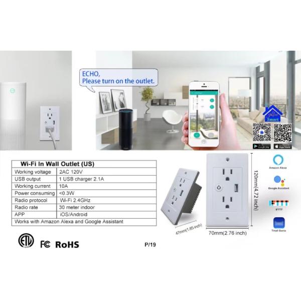 AC Wifi 120V Outlet 10A Google Assistant Smart Plug Socket ZigBee
