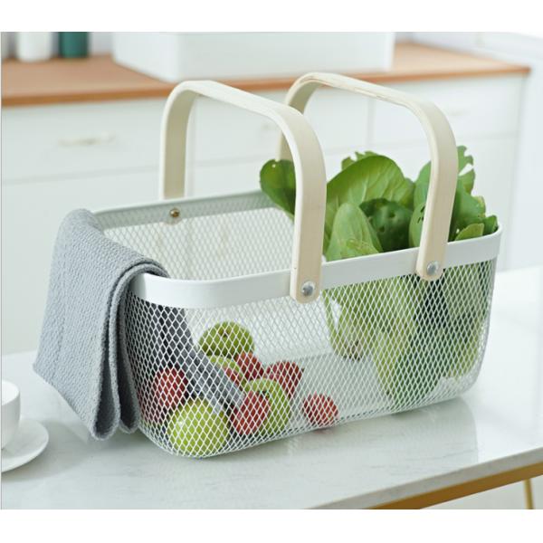Rectangular Rustproof 750g Metal Wire Fruit Basket With Wood Handle