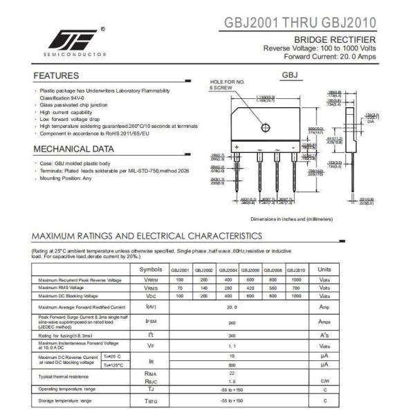 GBJ2010 6KBJ Package Bridge Rectifier Lightweight and Compact for Easy Transportation