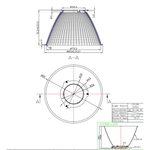 Technical drawing and dimensions for CM01LS-S8579-XX COB LED lens