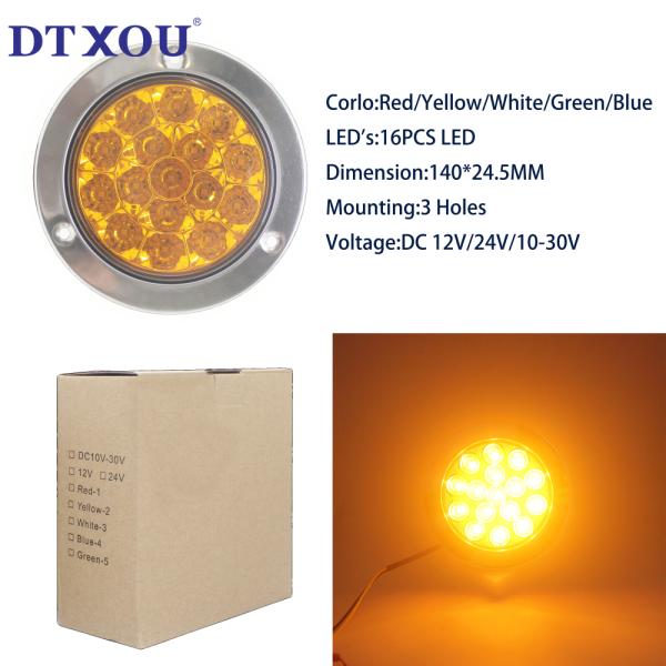 Multi-Functions 16 LED Flange Mount Round Trailer Stop Turn and Tail Lights 3 Holes