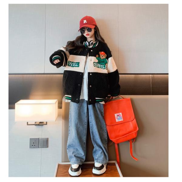 Thickened Bear Embroidered Baseball Lambswool Jacket