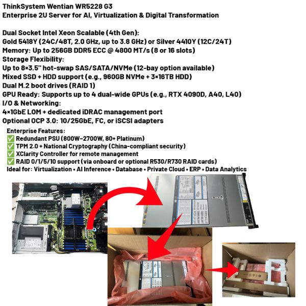 ThinkSystem WR5228G3 2U Rack-mount GPU Server with Dual Intel Xeon Scalable Processors and Up to 4 Dual-wide GPUs