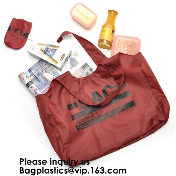 Printing Logo Polyester Handled Foldable Tote Bag With Snap Closure Foldable Bag Pocket Folding Nylon Shopping Bag