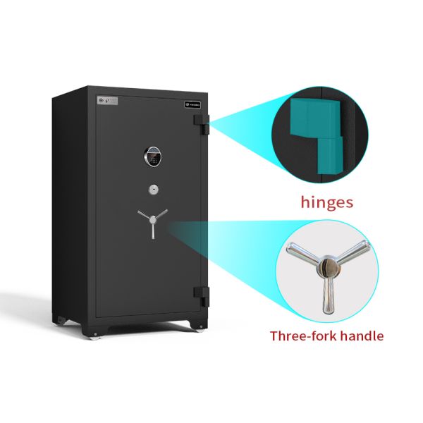 Front view of safe box showing flat door design and three-fork security handle