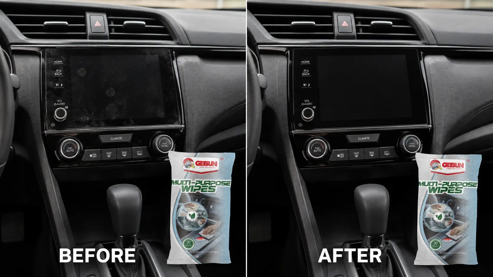 Car dashboard wipes showing dust and smudge removal before and after cleaning