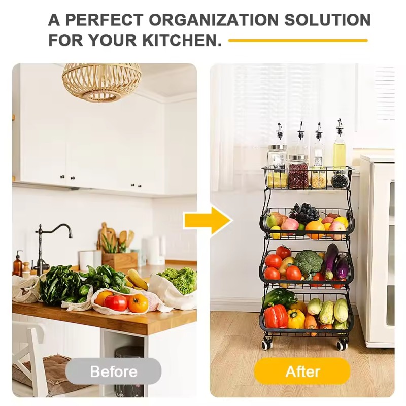 Wholesale 4 Tier Stackable Metal Wire Basket Storage Rack with Rolling Wheels Fruit Vegetable Organize Rack for Kitchen