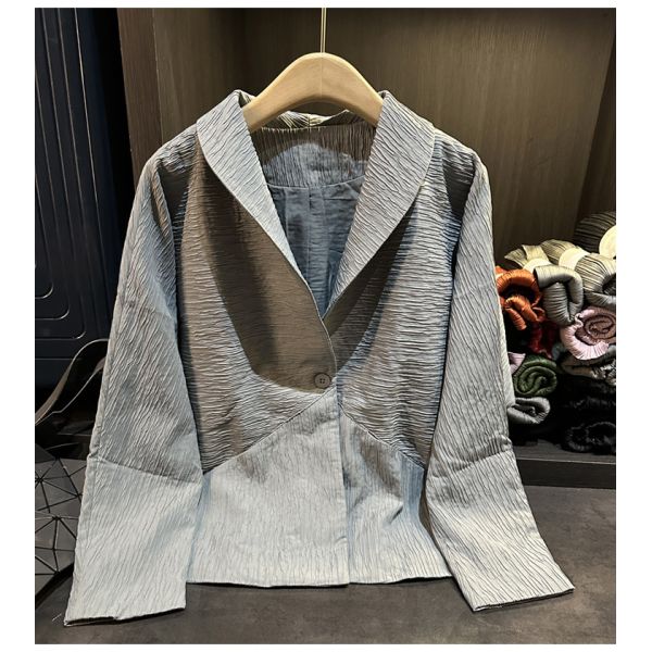 Elegant temperament, high-end design sense, spliced solid color lapel jacket, autumn and winter pleated Cota
