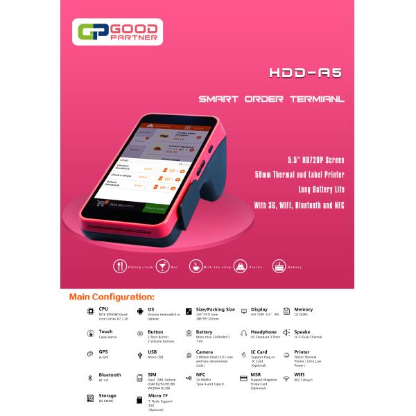 Main Display 5.5inch IPS HD720P Android POS Terminal with Touch Screen and Printer