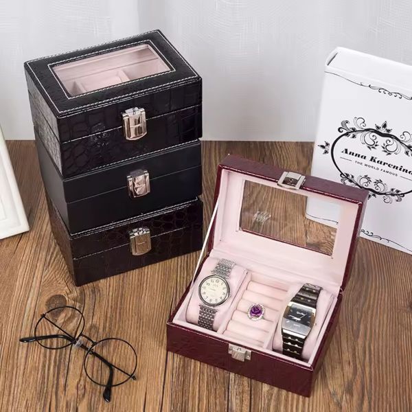 Crocodile PU Leather Watch Boxes For Two Watches Custom Design Dustproof