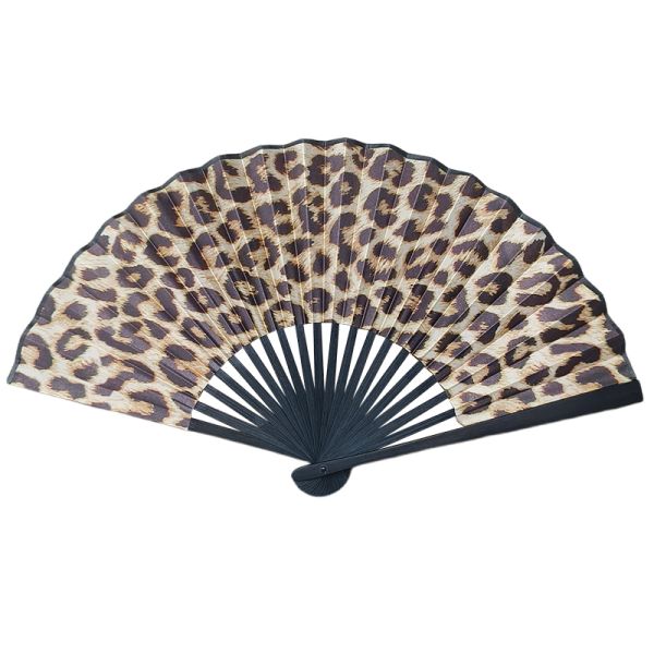 Customized Logo Bamboo Folding Hand Fan Leopard Print Pattern Sublimation Technique for Wedding Dancing Clack Bamboo Crafts
