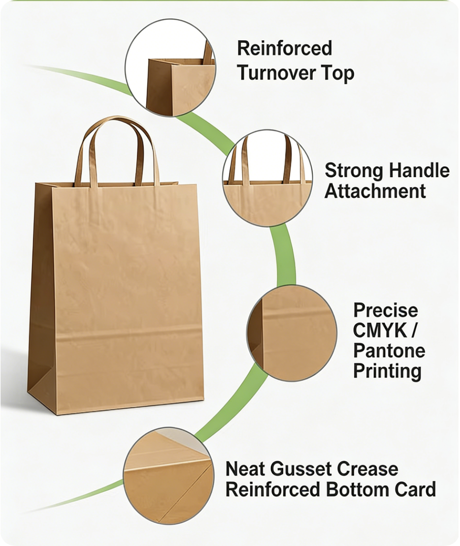 Flat Handle Biodegradable Compostable Eco-Friendly Craft Grocery Paper Bag With Logo For Shopping