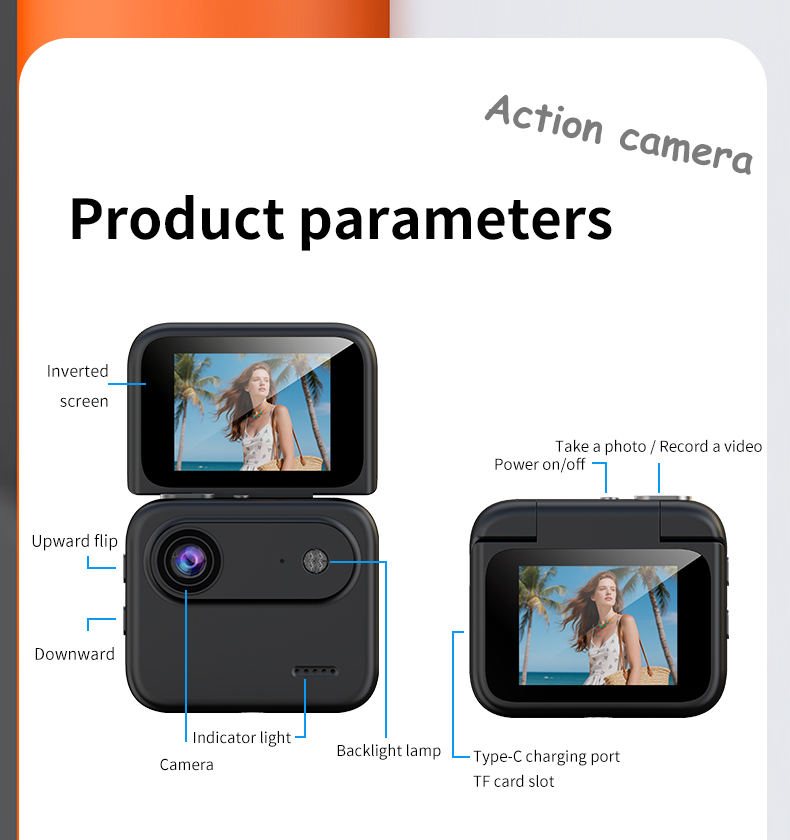 720P Mini Action Camera Reversible Flip Screen 143 Wide Angle Stabilization 30m Waterproof MicroSD Vlogging Cycling Hiking