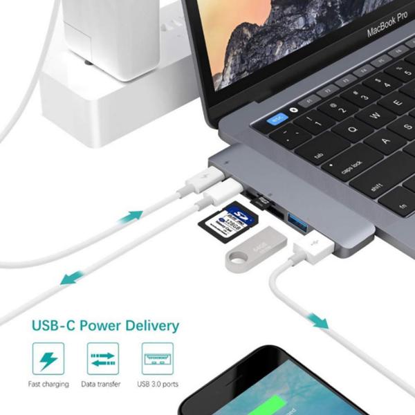 6 in 1 Multi-Port Dual Type C Adapter with USB-C Thunderbolt 3 PD and Data Transfer Port,2X USB 3.0 Ports,SD card reader