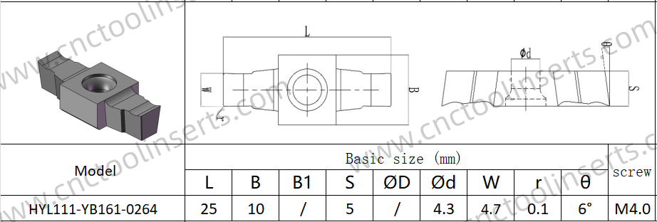 CNC Grooving Insert, Model HYL111-YB161-0264, with PVD Coating HYB208, Suitable for All Difficult-to-Machine Materials Except High-Temperature Alloys