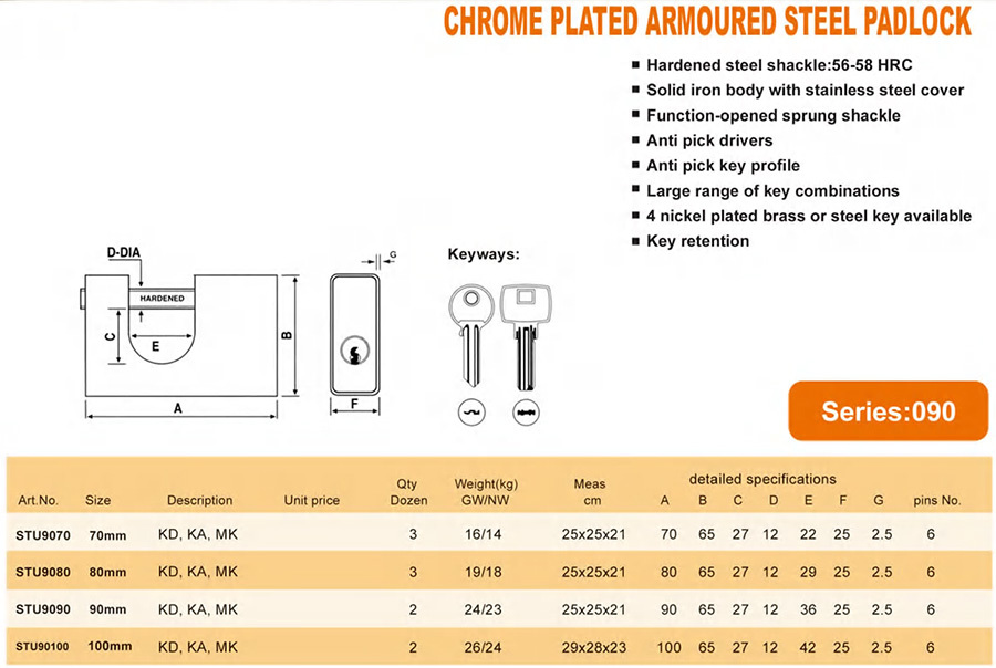 Chrome plated armoured steel padlock - professional security lock with durable construction