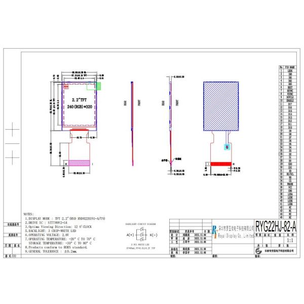 2.2 Inch TFT LCD Module 240*320 RGB 2.8v White Wide Temperature Display