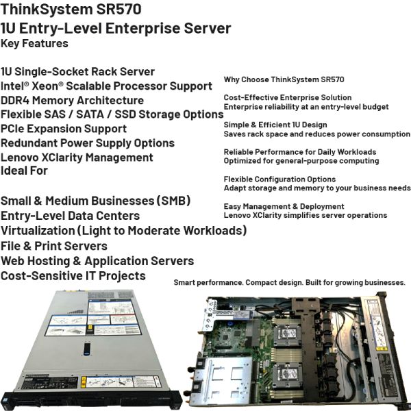 Lenovo ThinkSystem SR570 1U Rack Server with Intel Xeon Processor and DDR4 Memory