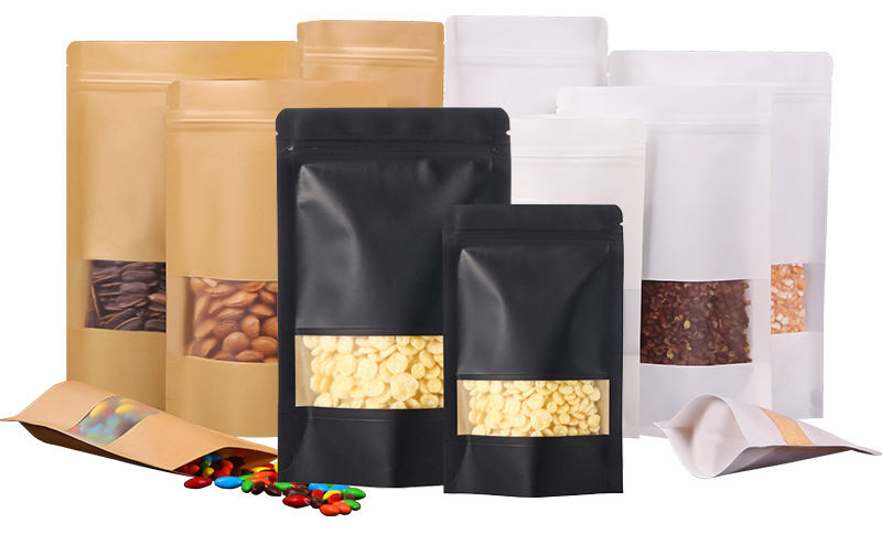 Custom Matt Kraft Standup Bag Clear Window PE Plastic Zip Lock Doypack Retort Food Packaging Gravure Printing Paper Bags