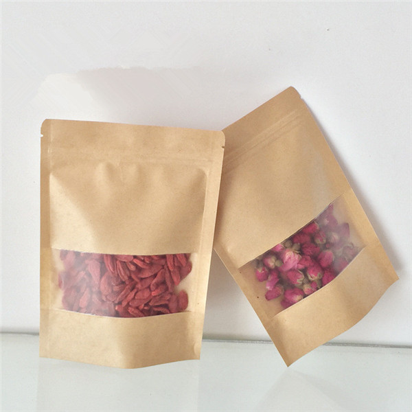 Brown Custom Paper Bags With Clear Window For Herbal Chips Packaging