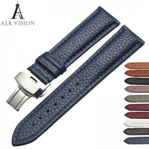China ALK Watchband Brand Genuine Leather Belt Deployant Buckle Band Butterfly Clasp Strap sized in 12 14 16 18 20 22 24mm on sale