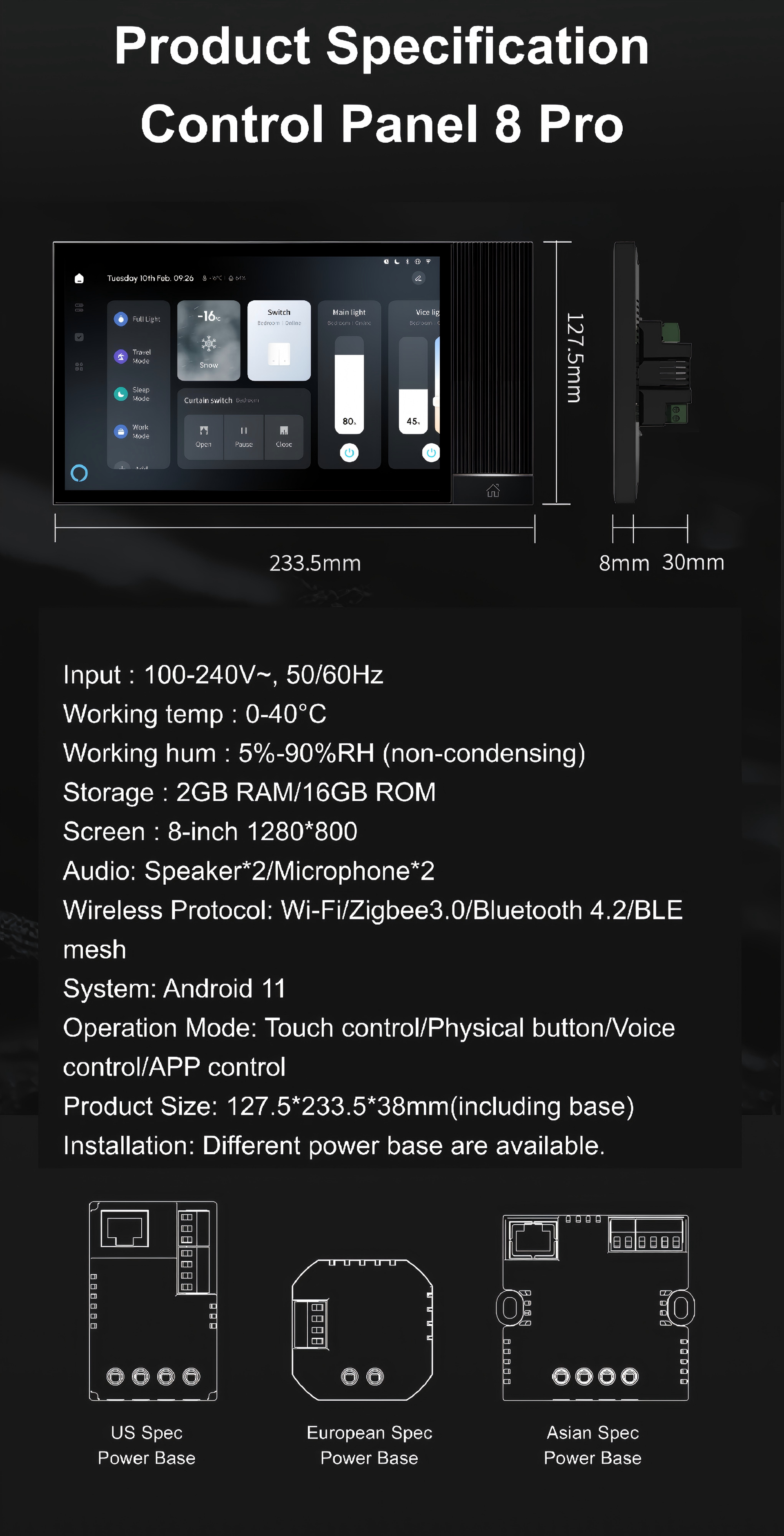 8" Smart Panel: Built-in Alexa, Zigbee Gateway, Music System, 2+16G