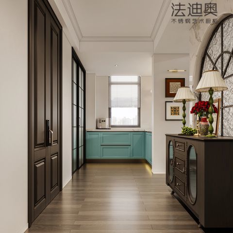 Fadior Stainless Steel Art Kitchen Cabinet - Turquoise & White Tone, L-Shaped Layout, Premium Hardware & Custom Storage - feature detail