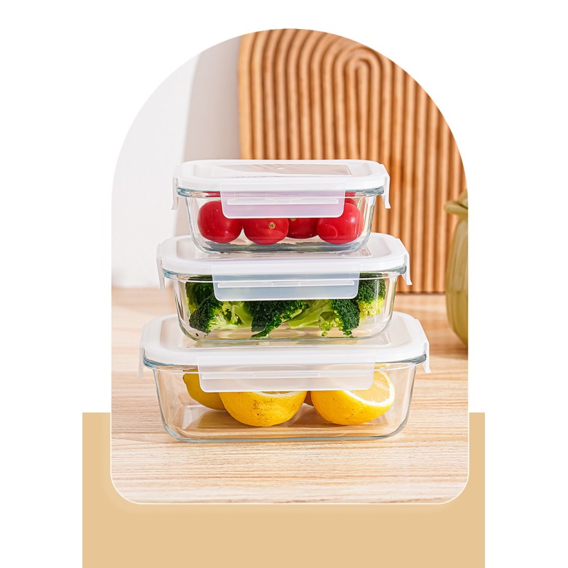 Custom Rectangular Microwave Safe Lunch Box Heat-Resistant Glass Crisper with Plastic Lid for Food