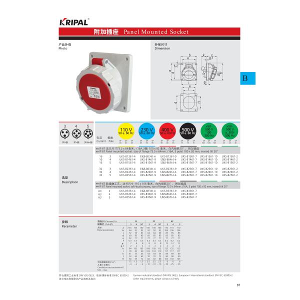 32A 5P IP67 380V Oblique Plug-in Industrial Panel Mounted Socket