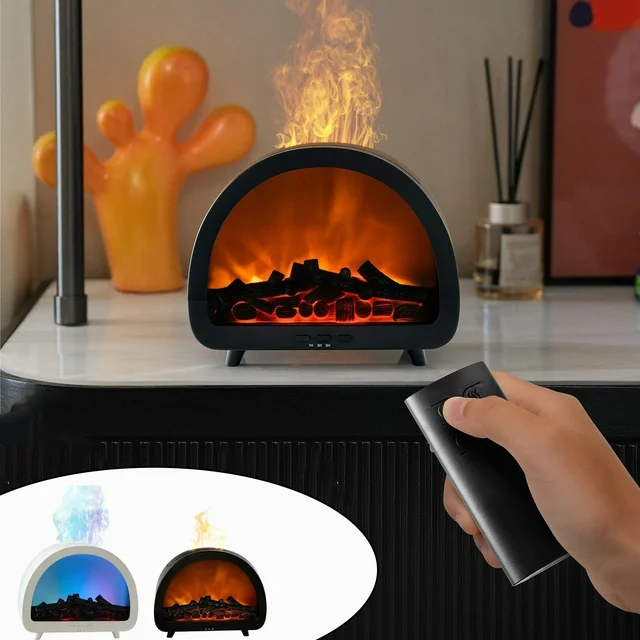 New 200ml Electric Humidifier Fireplace Flame Aromatherapy Diffuser Machine with 12-Color Changing Night Light with Remote for Home Use