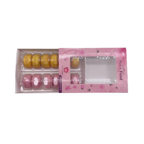 Macaron packaging box front view showing transparent window